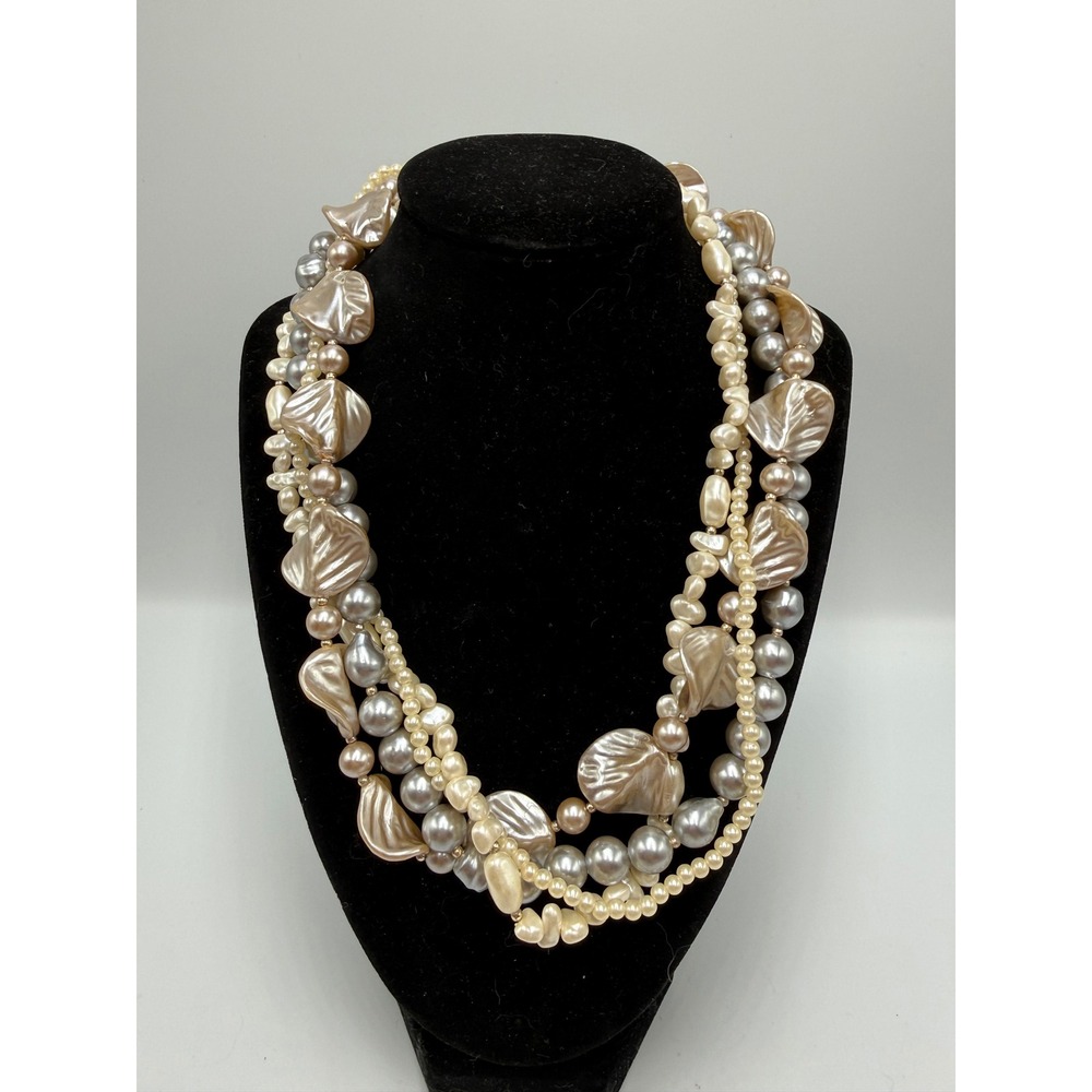 Vintage Multi Strand Faux Pearl Statement‎ Necklace Grey Cream Petal Bead Clasp